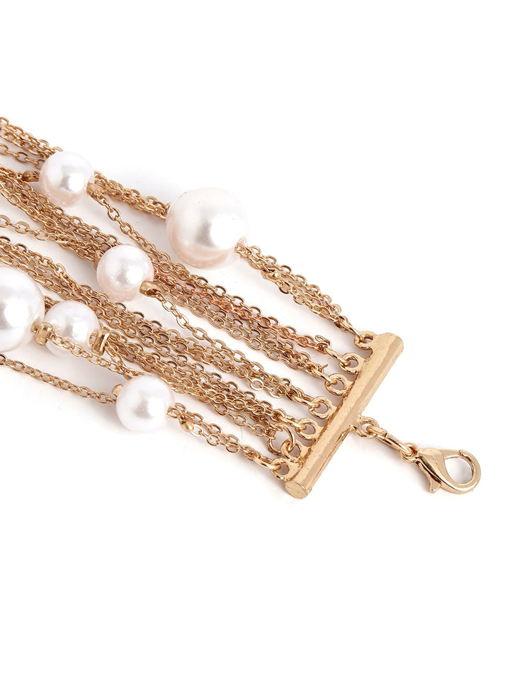 Pearl Beaded Multi Layered Chain Pattern Gold Plated Bracelet