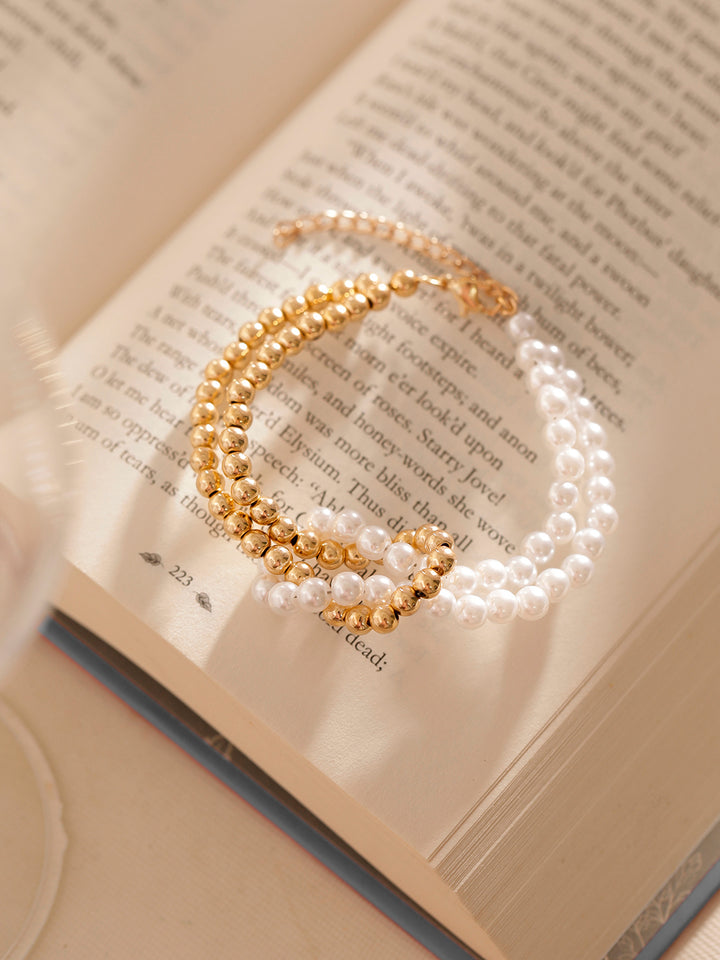 Gold and Pearl Ball Two layered Sequenced Adjustable Statement Bracelet