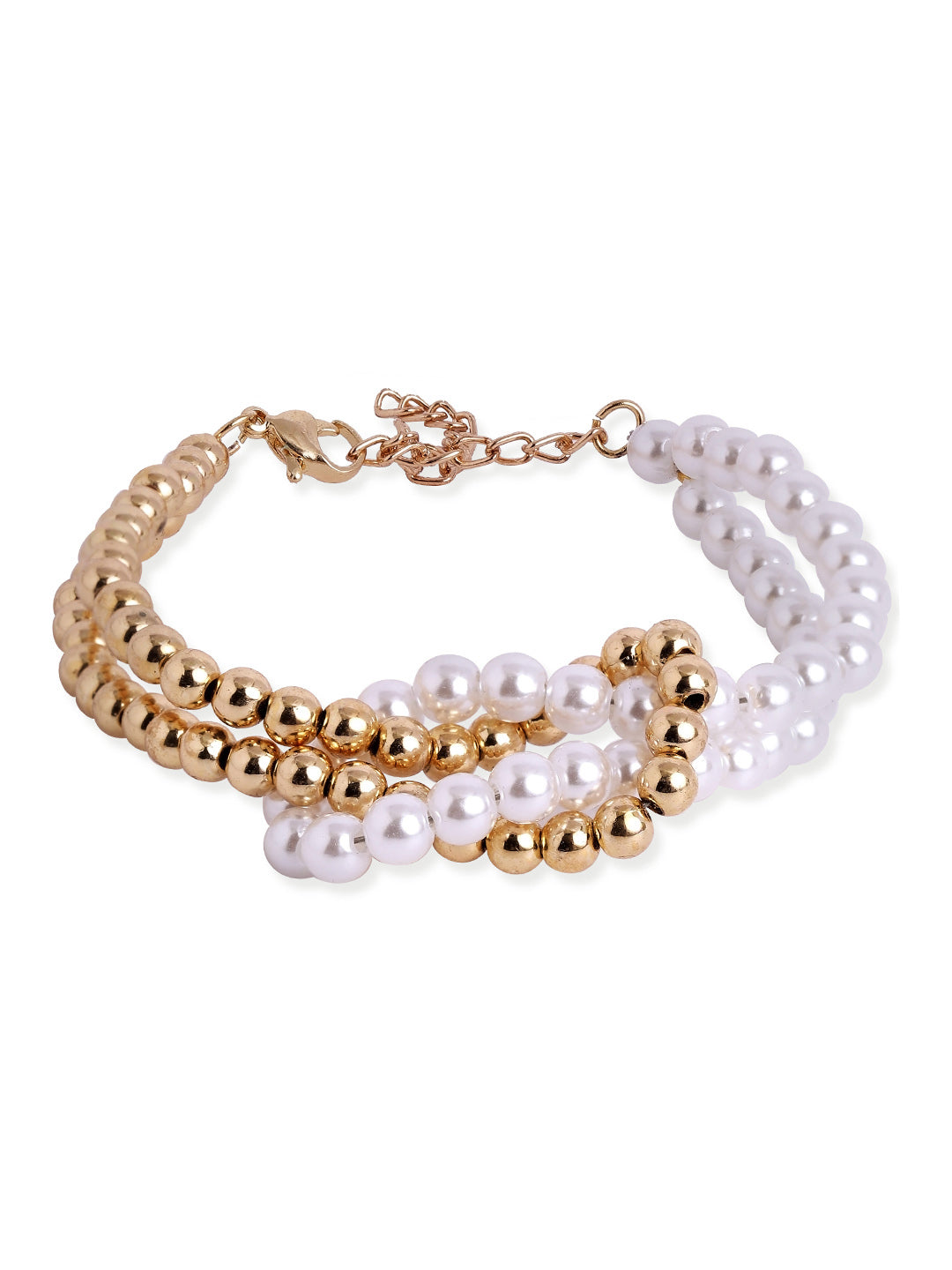 Gold and Pearl Ball Two layered Sequenced Adjustable Statement Bracelet