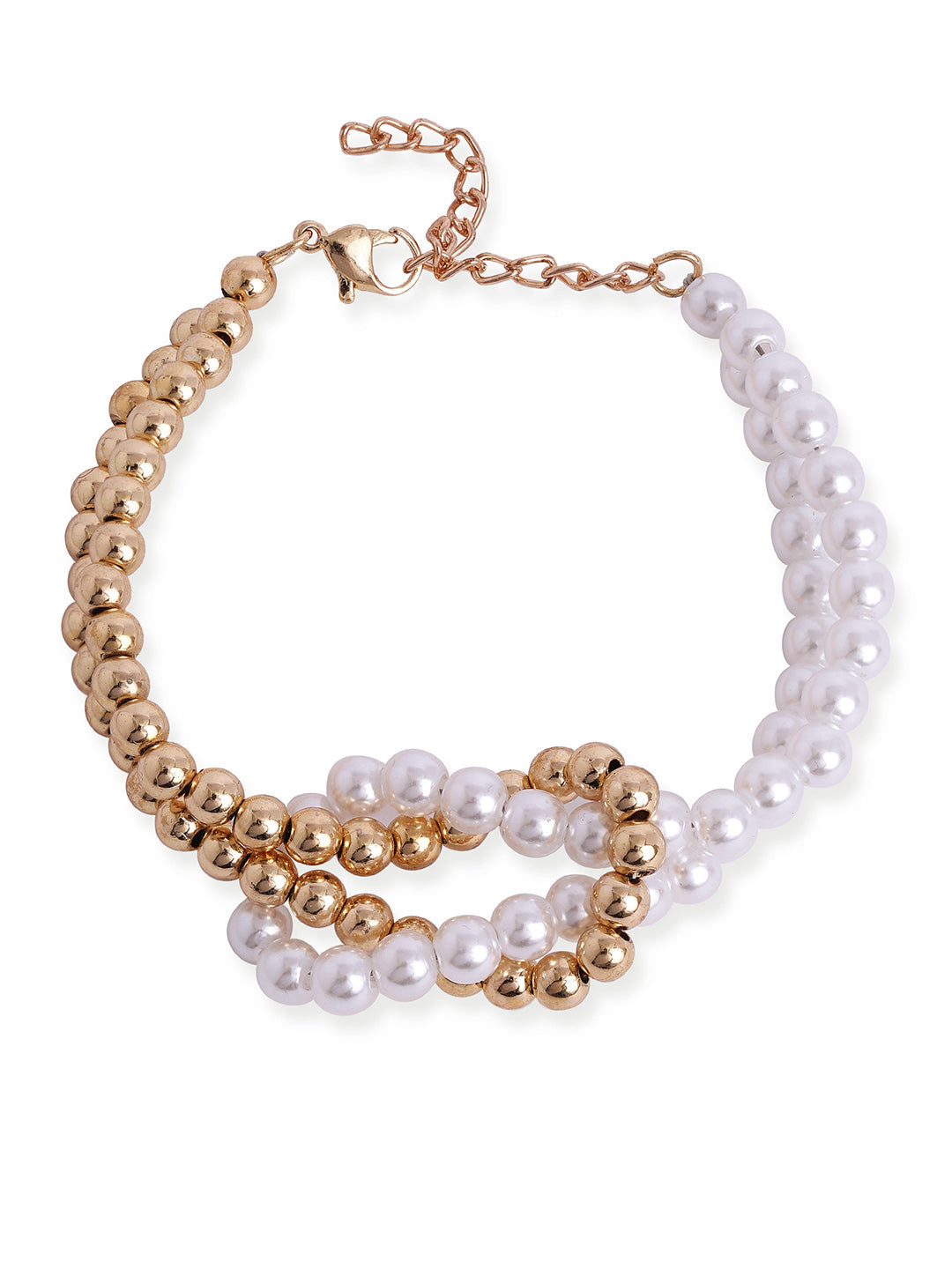 Gold and Pearl Ball Two layered Sequenced Adjustable Statement Bracelet