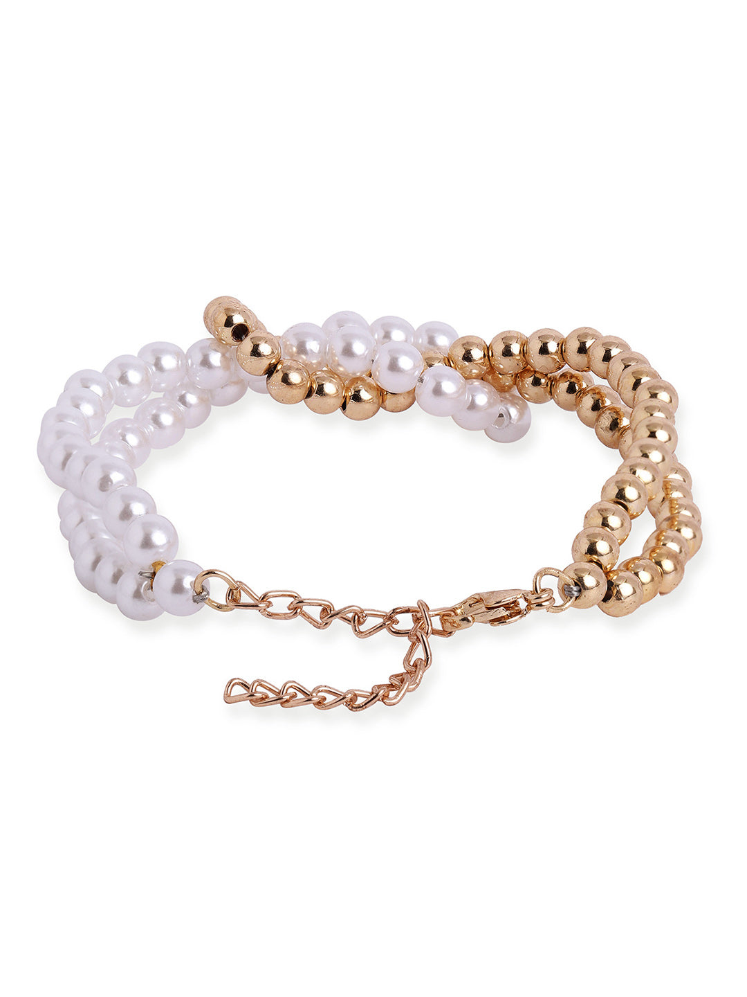 Gold and Pearl Ball Two layered Sequenced Adjustable Statement Bracelet