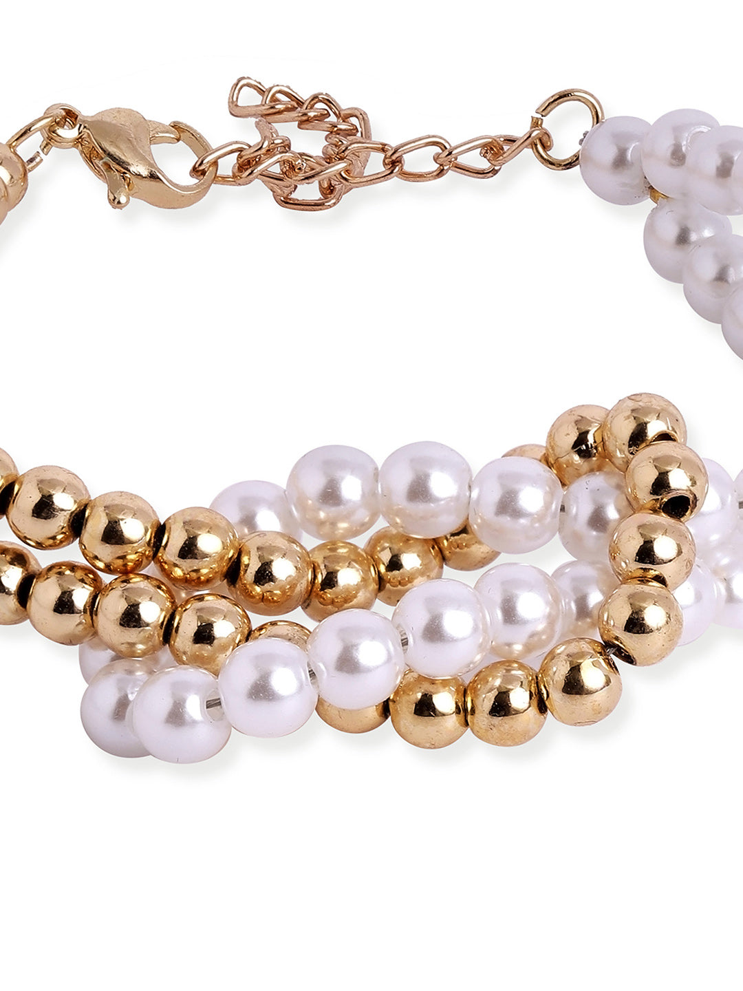 Gold and Pearl Ball Two layered Sequenced Adjustable Statement Bracelet