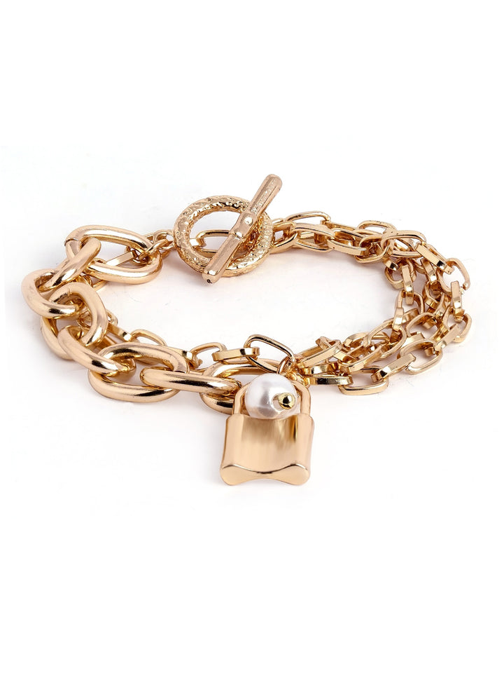 Chunky Chain with Lock Pendant Gold Plated Contemporary Bracelet