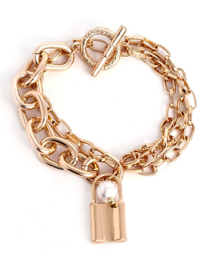 Chunky Chain with Lock Pendant Gold Plated Contemporary Bracelet