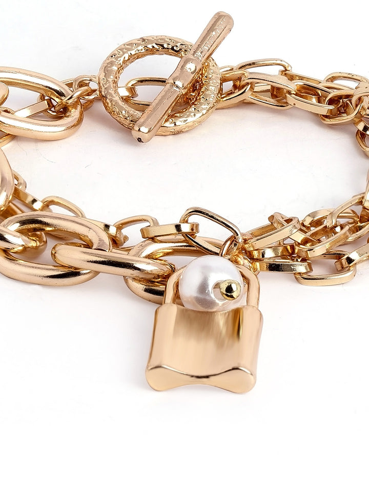 Chunky Chain with Lock Pendant Gold Plated Contemporary Bracelet
