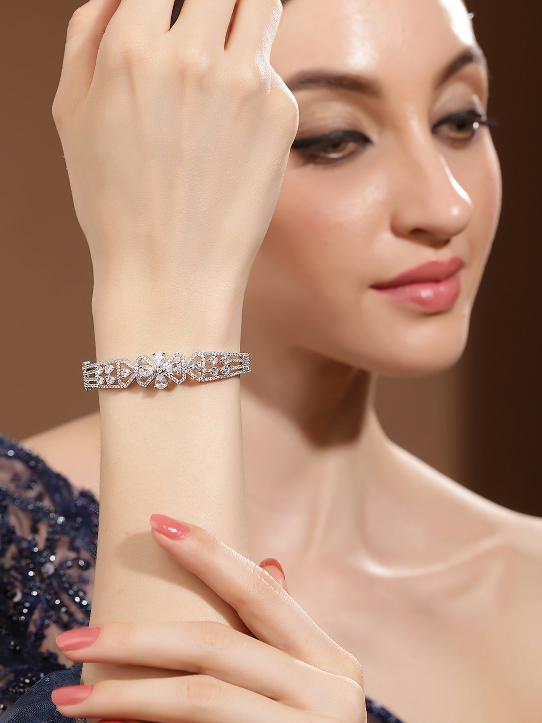 Statement Bow AD Whitestoned Silver Plated Bracelet