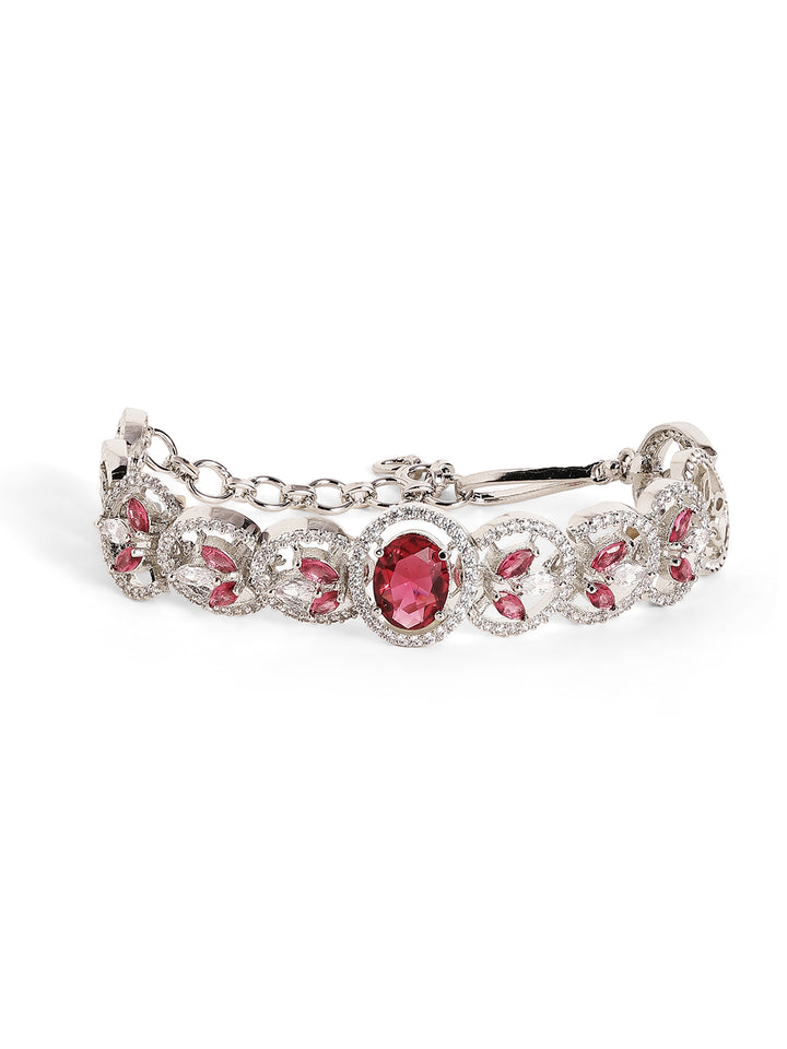 Red Stoned Floral American Diamond Silver Plated Elegant Bracelet