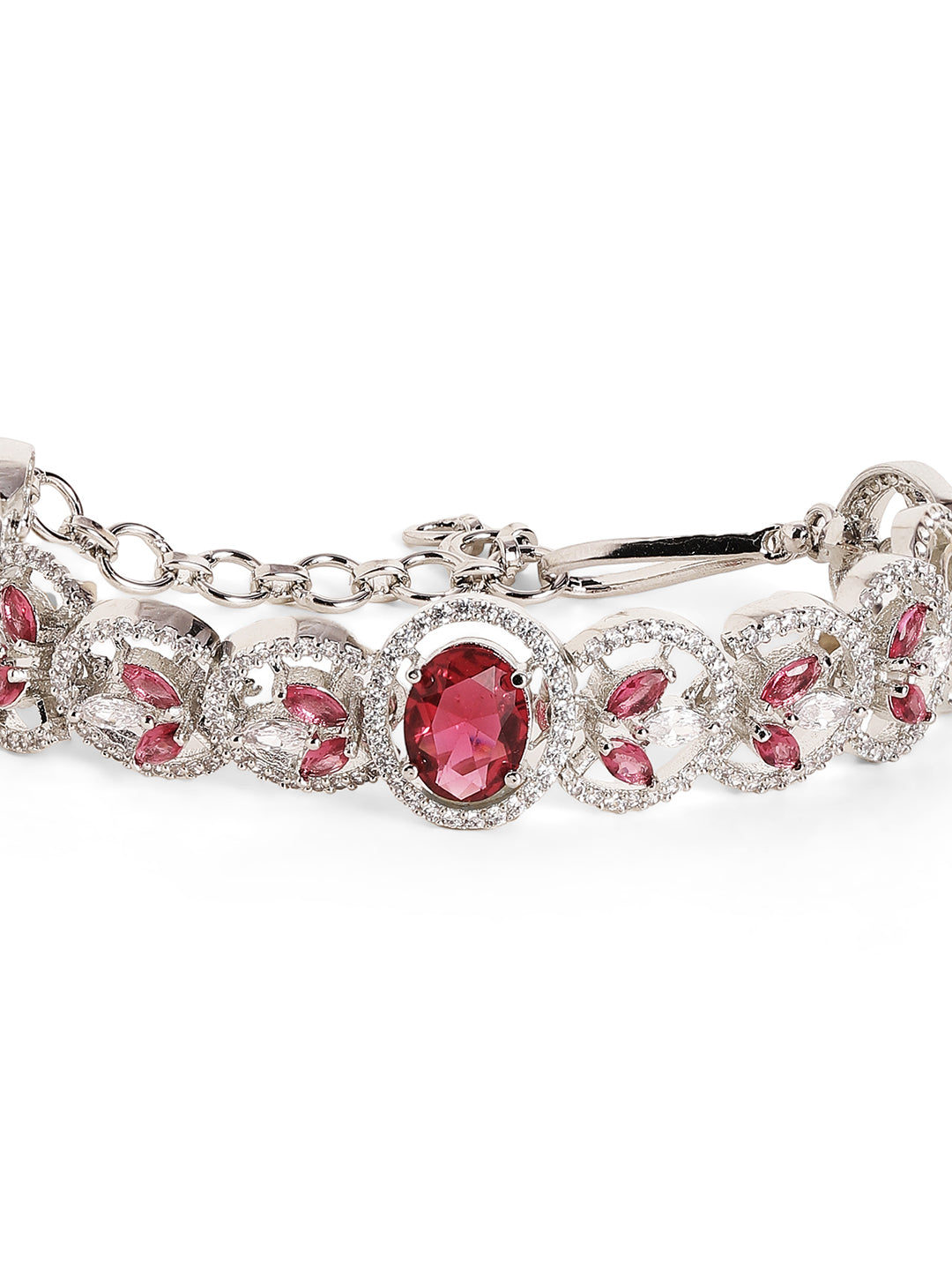 Red Stoned Floral American Diamond Silver Plated Elegant Bracelet