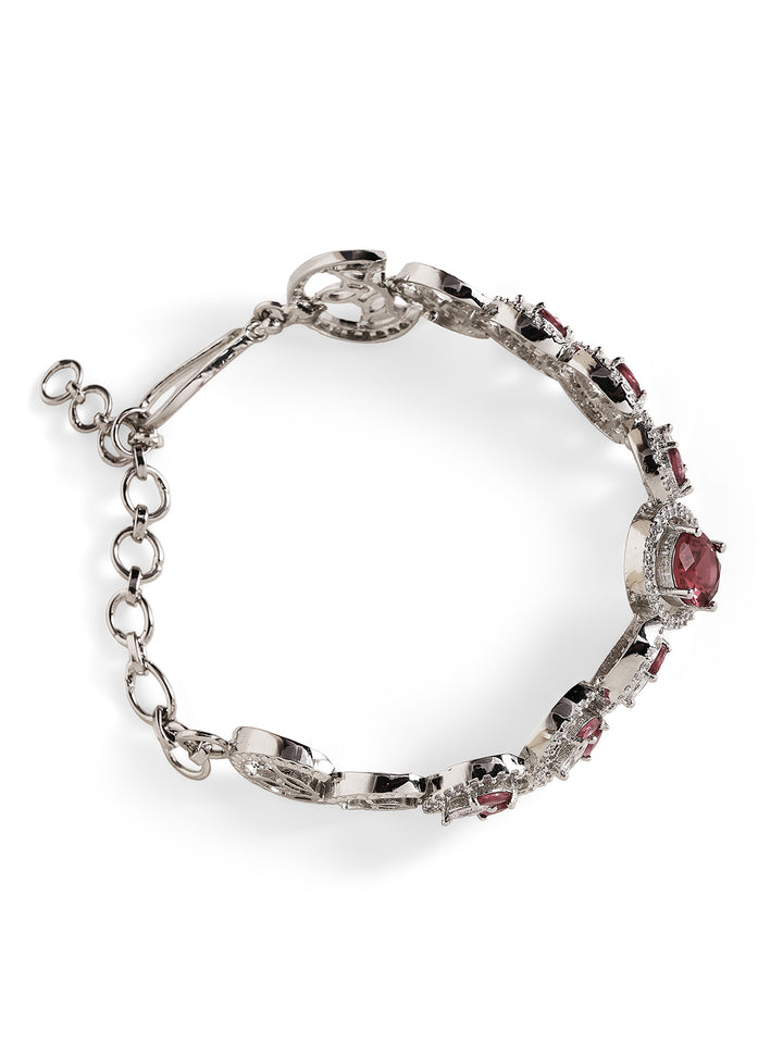 Red Stoned Floral American Diamond Silver Plated Elegant Bracelet