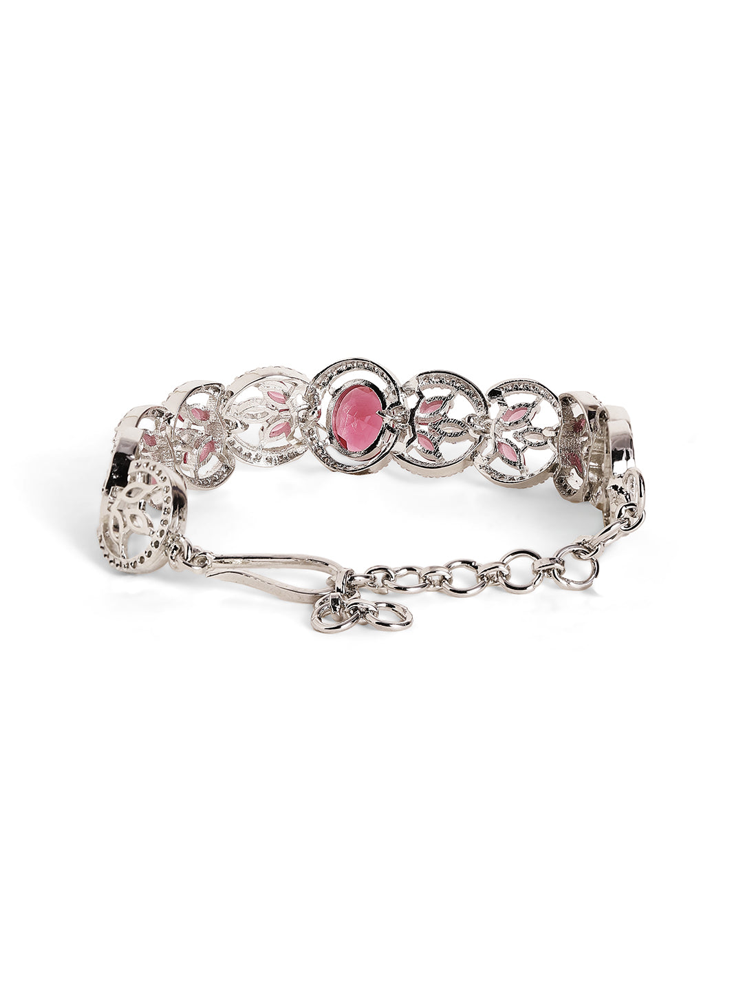 Red Stoned Floral American Diamond Silver Plated Elegant Bracelet