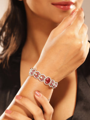 Red Stoned Floral American Diamond Silver Plated Elegant Bracelet