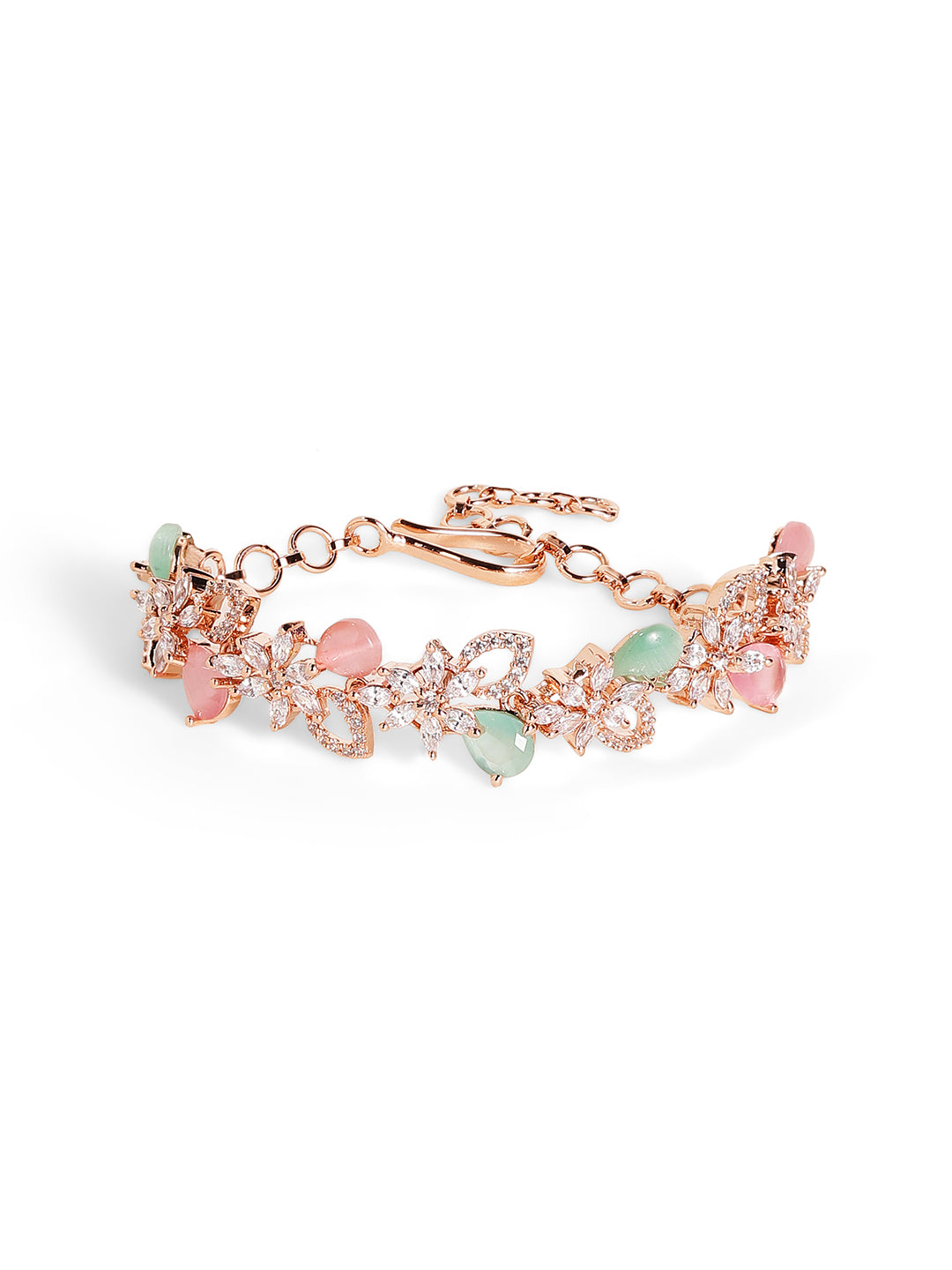 Mint Pink Combo American Diamond Rosegold Plated Floral Chain Bracelet