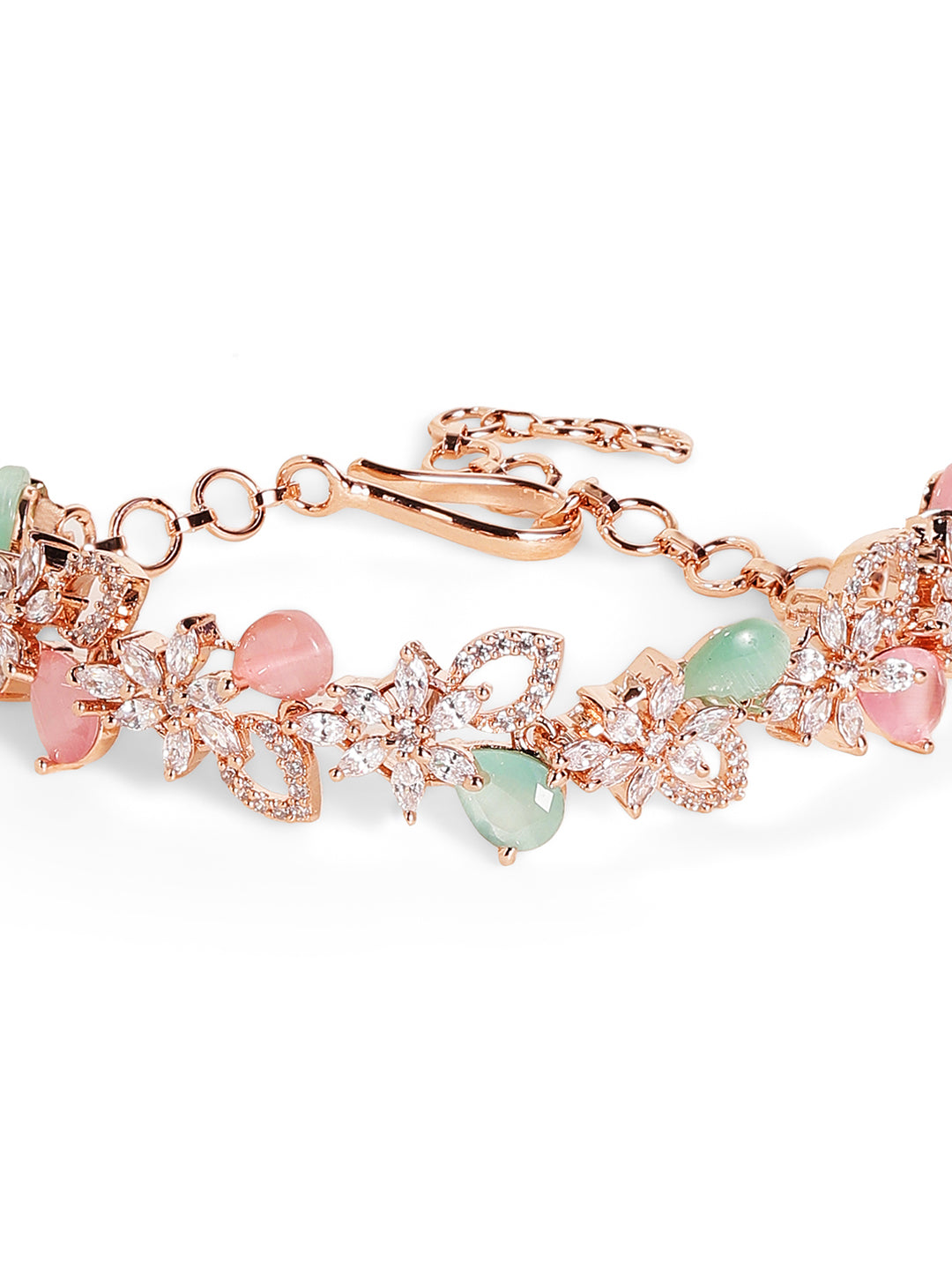 Mint Pink Combo American Diamond Rosegold Plated Floral Chain Bracelet