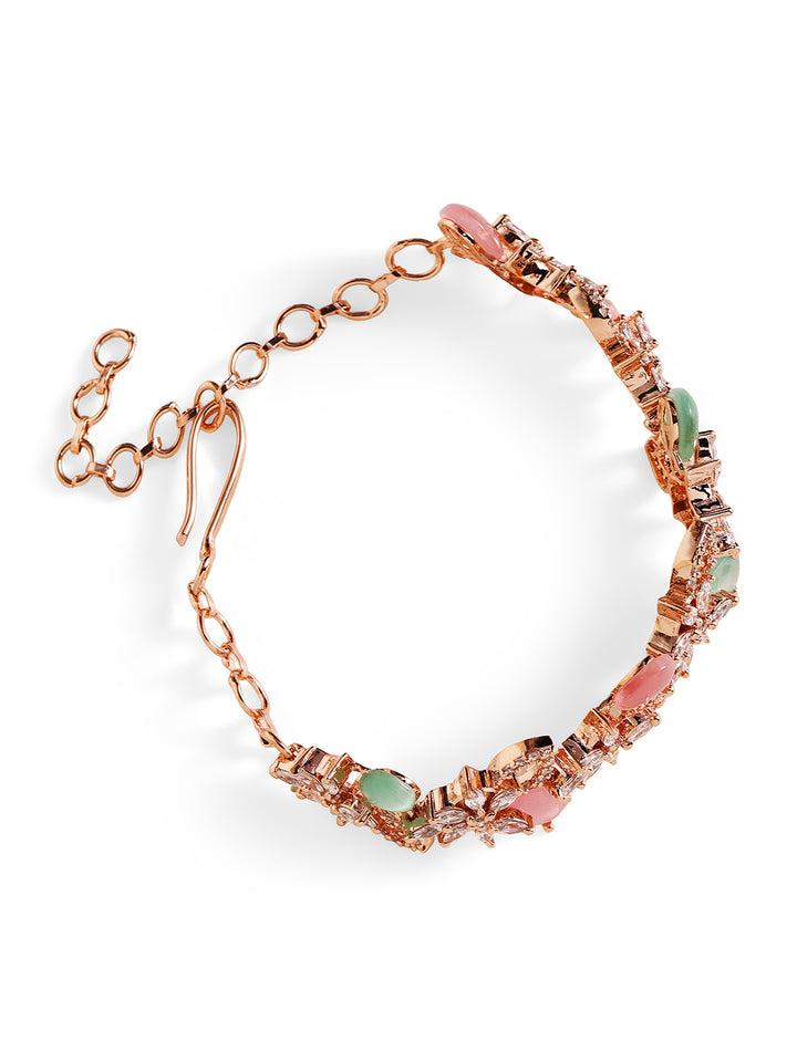 Mint Pink Combo American Diamond Rosegold Plated Floral Chain Bracelet