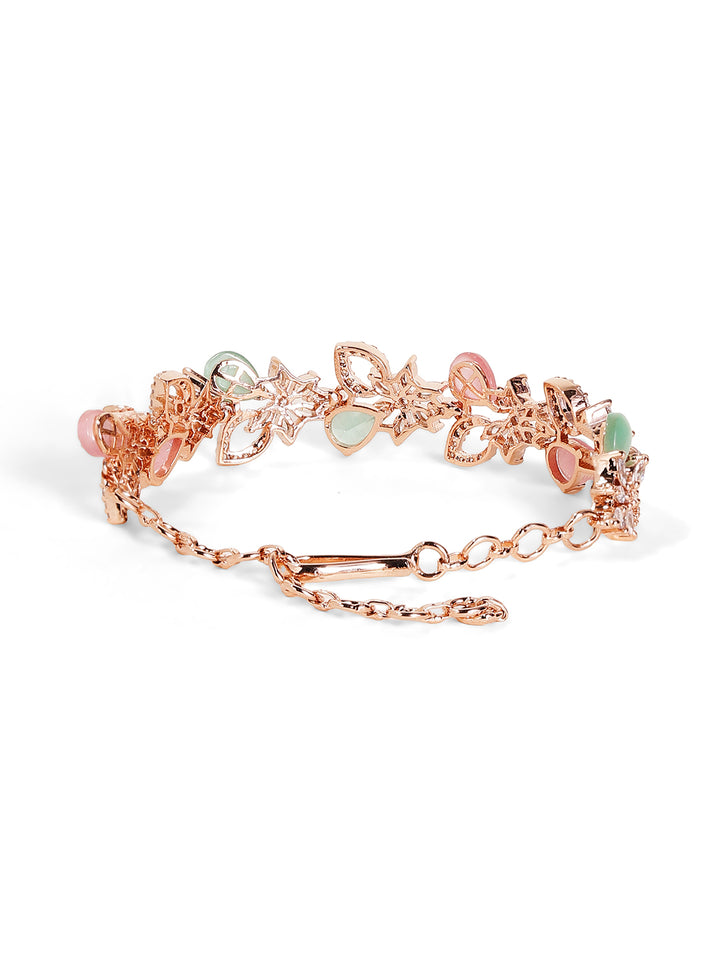 Mint Pink Combo American Diamond Rosegold Plated Floral Chain Bracelet