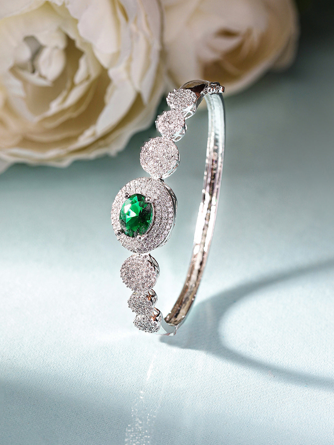 Emerald Stoned American Diamond Statement Elegance Silver Plated Bracelet