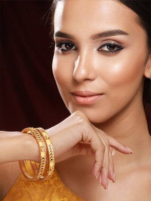 Priyaasi Yellow Multicolor Stone-Studded Geometric Gold-Plated Bangle Set of 2