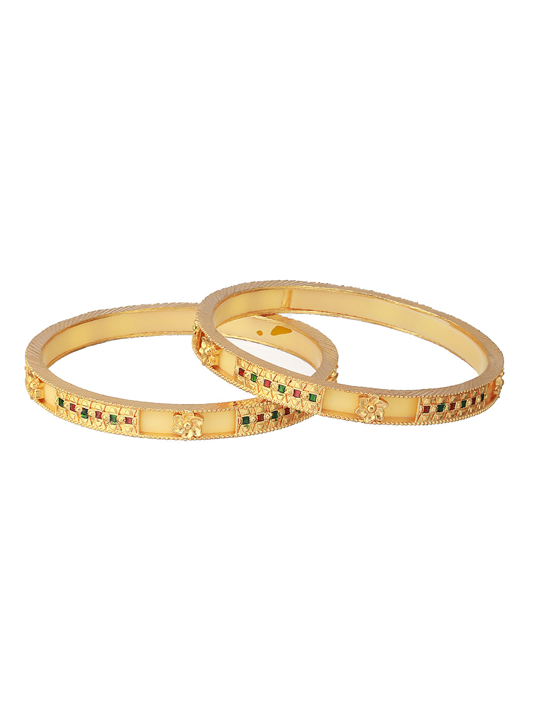 Priyaasi Yellow Multicolor Stone-Studded Geometric Gold-Plated Bangle Set of 2