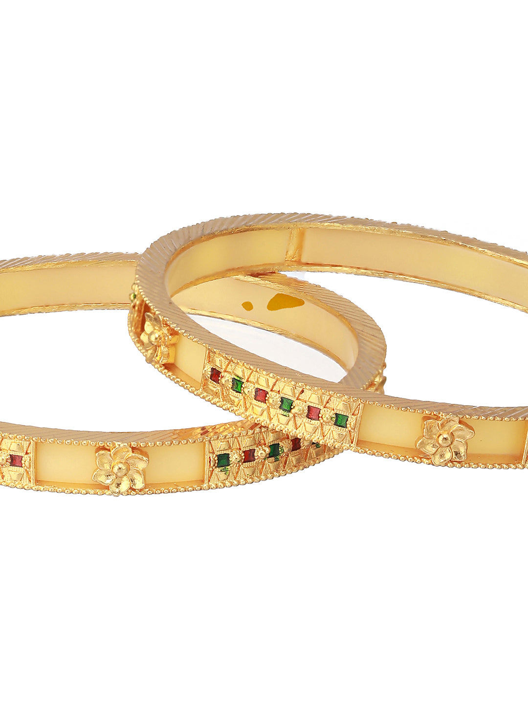 Priyaasi Yellow Multicolor Stone-Studded Geometric Gold-Plated Bangle Set of 2