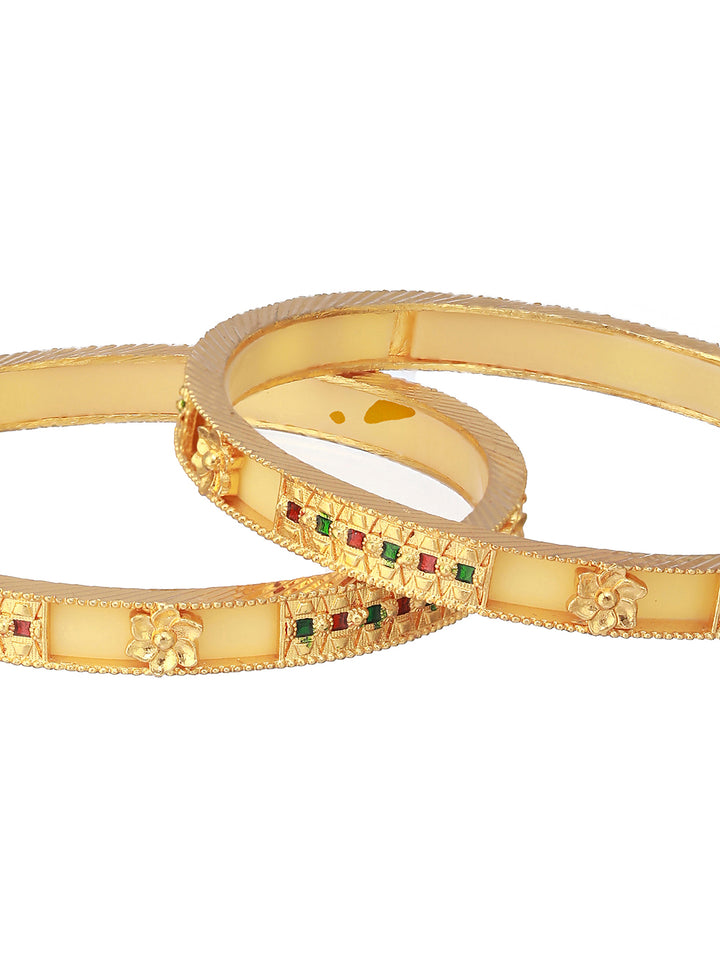 Priyaasi Yellow Multicolor Stone-Studded Geometric Gold-Plated Bangle Set of 2