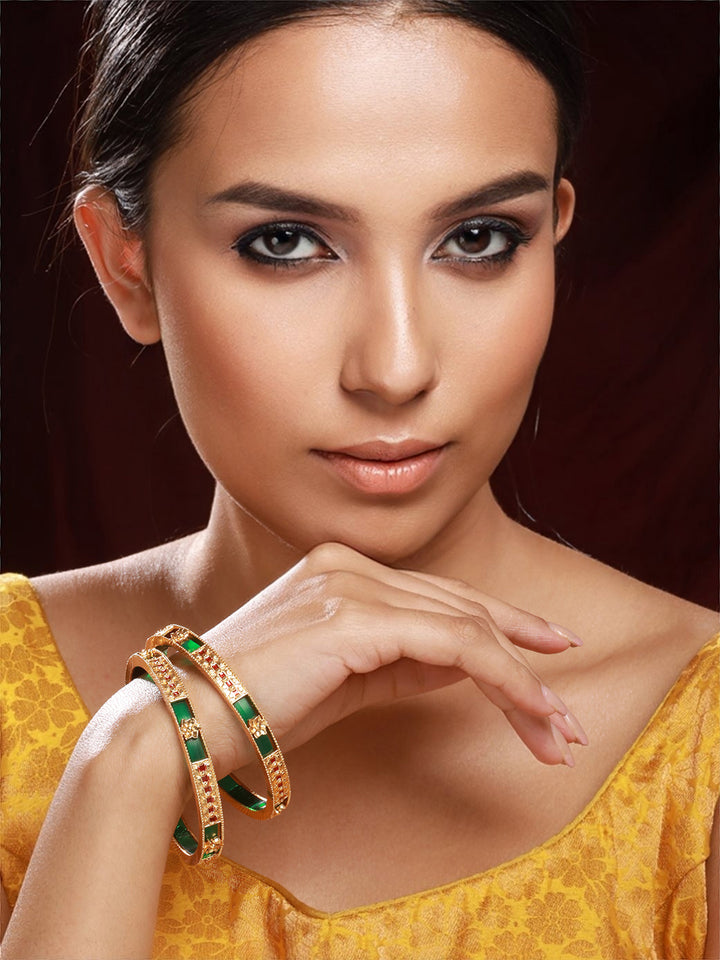 Priyaasi Green Studded Geometric Gold-Plated Bangle Set of 2