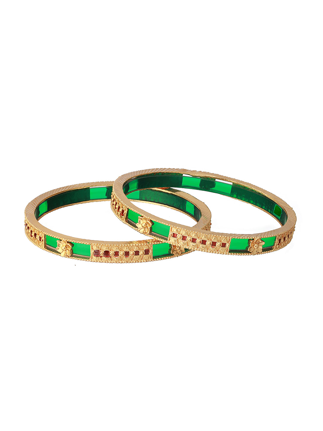Priyaasi Green Studded Geometric Gold-Plated Bangle Set of 2