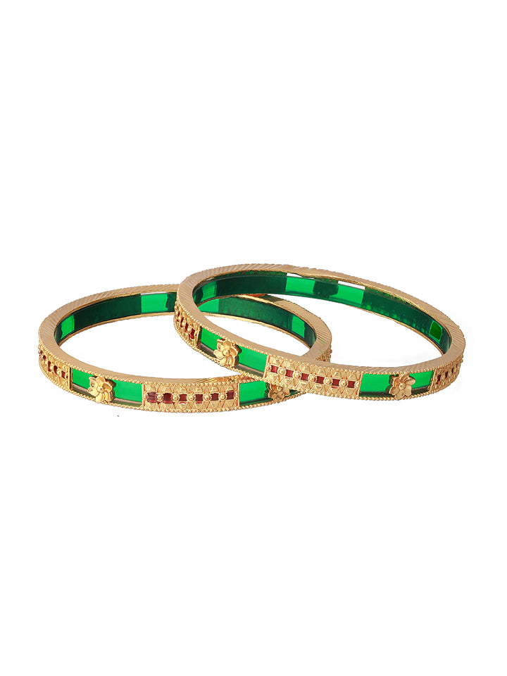 Priyaasi Green Studded Geometric Gold-Plated Bangle Set of 2