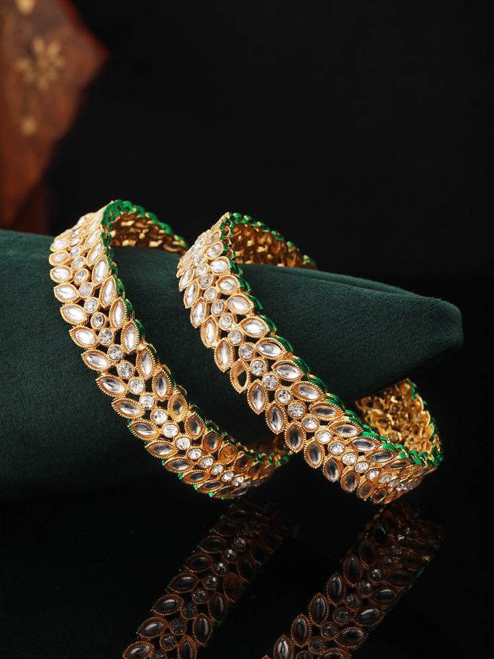 Priyaasi White Stone-Studded Leaves Gold-Plated Bangle Set of 2