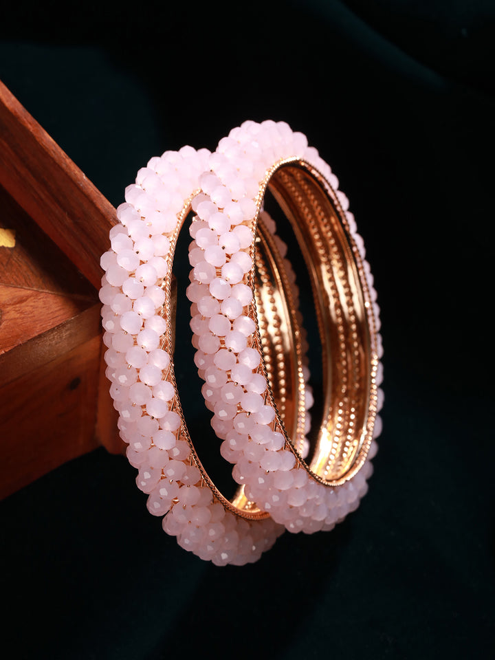 Pink Beaded Gold-Plated Bangle Set of 2