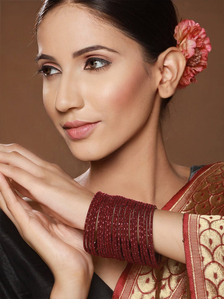 Priyaasi Maroon Glitter Metal Bangle Set of 24