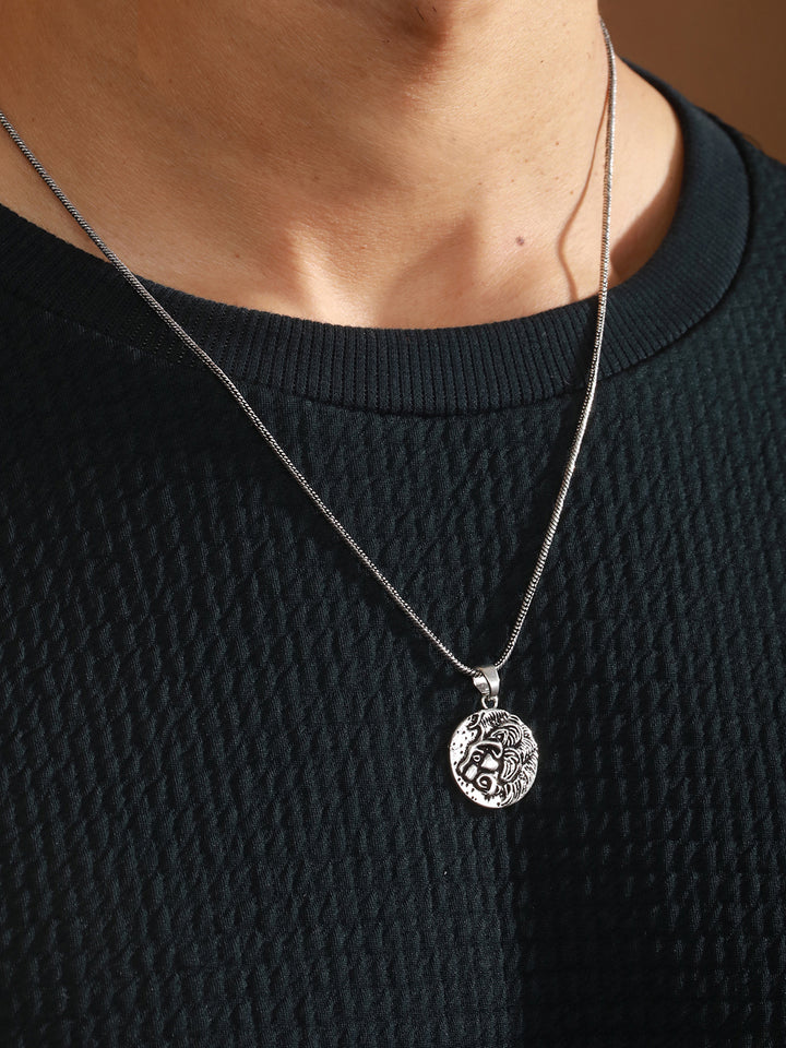 Bold by Priyaasi Lion Embossed Coin Silver-Plated Pendant Chain for Men