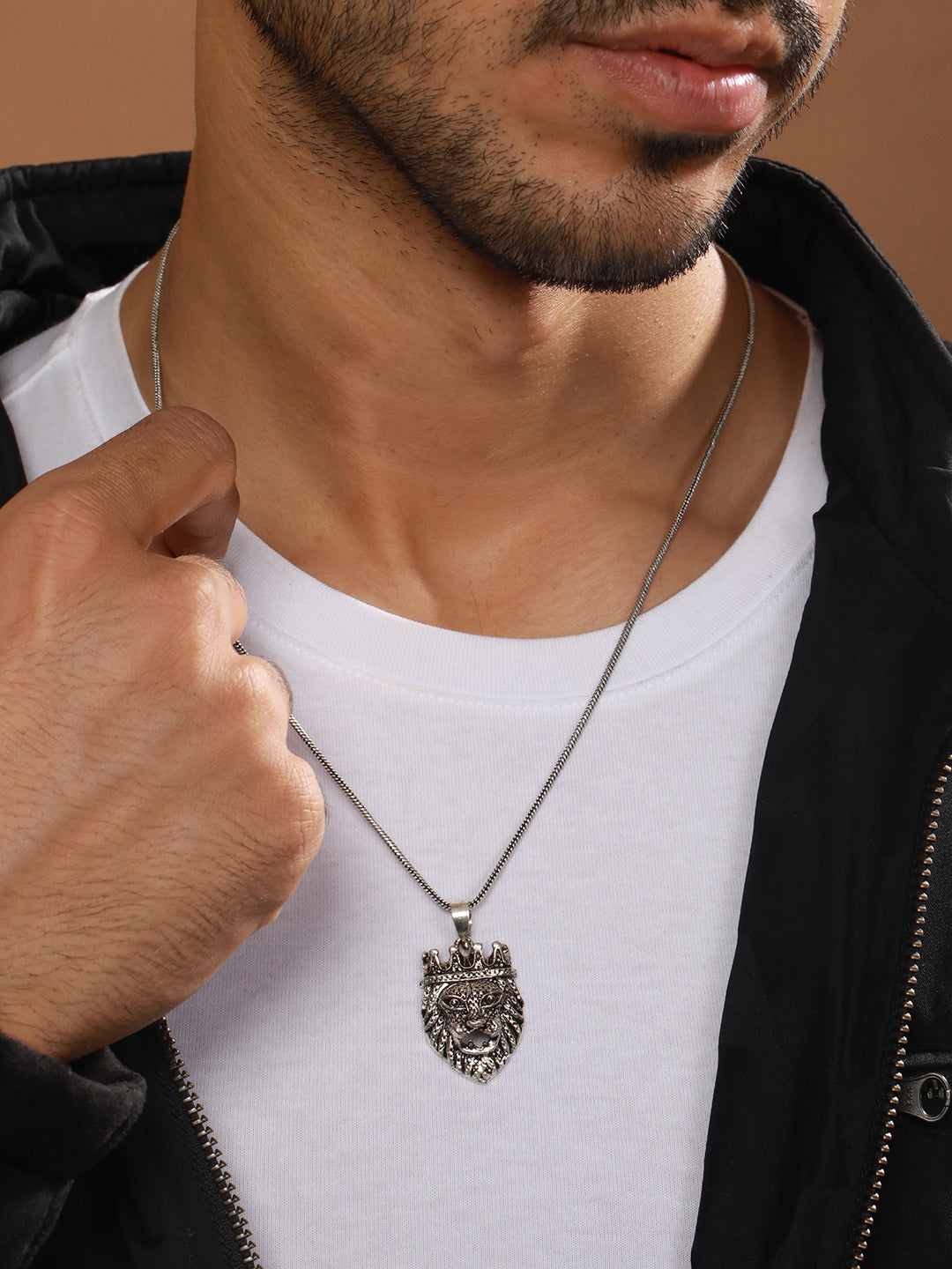 Bold by Priyaasi Crowned King Lion Silver-Plated Pendant Chain for Men