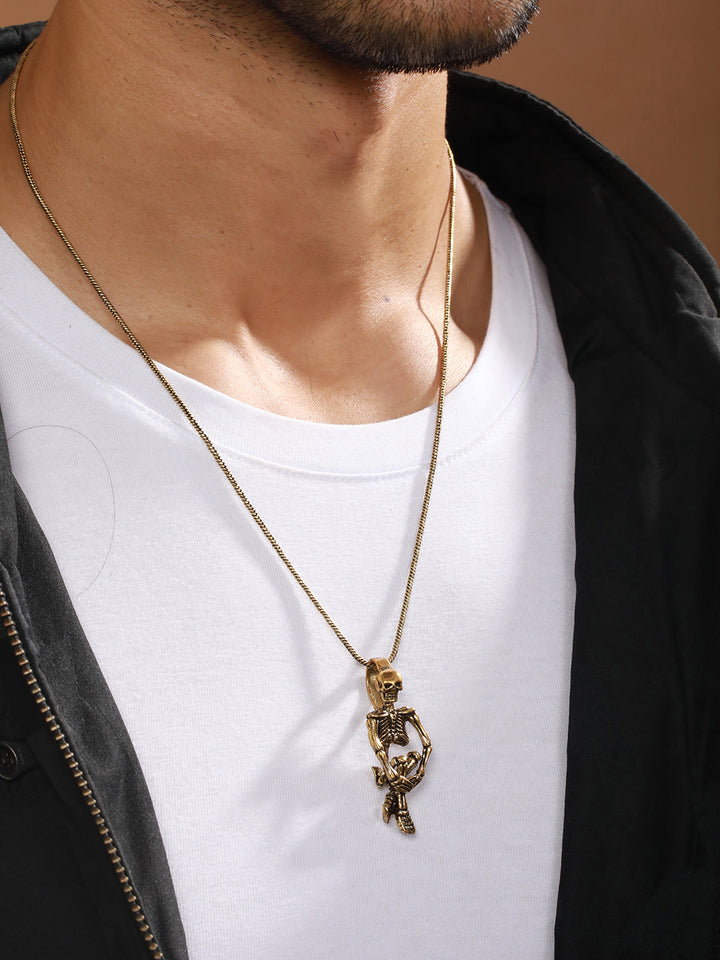 Bold by Priyaasi Sitting Skeleton Gold-Plated Pendant Chain for Men