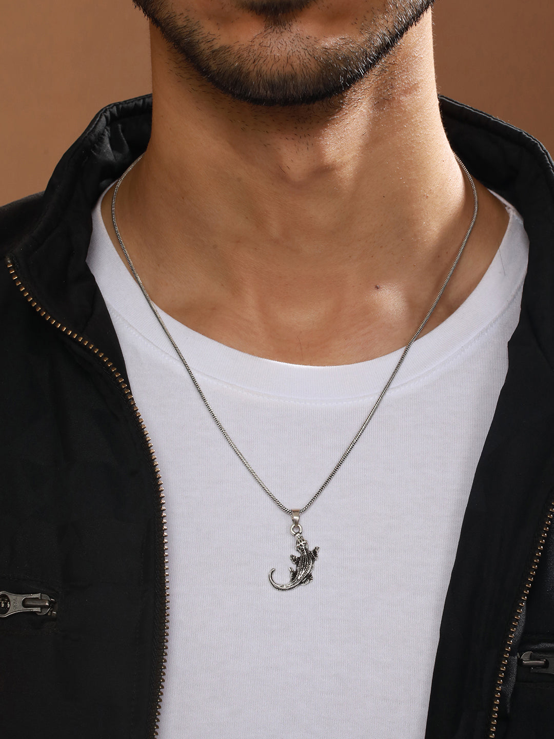 Bold by Priyaasi Crawling Lizard Silver-Plated Pendant Chain for Men