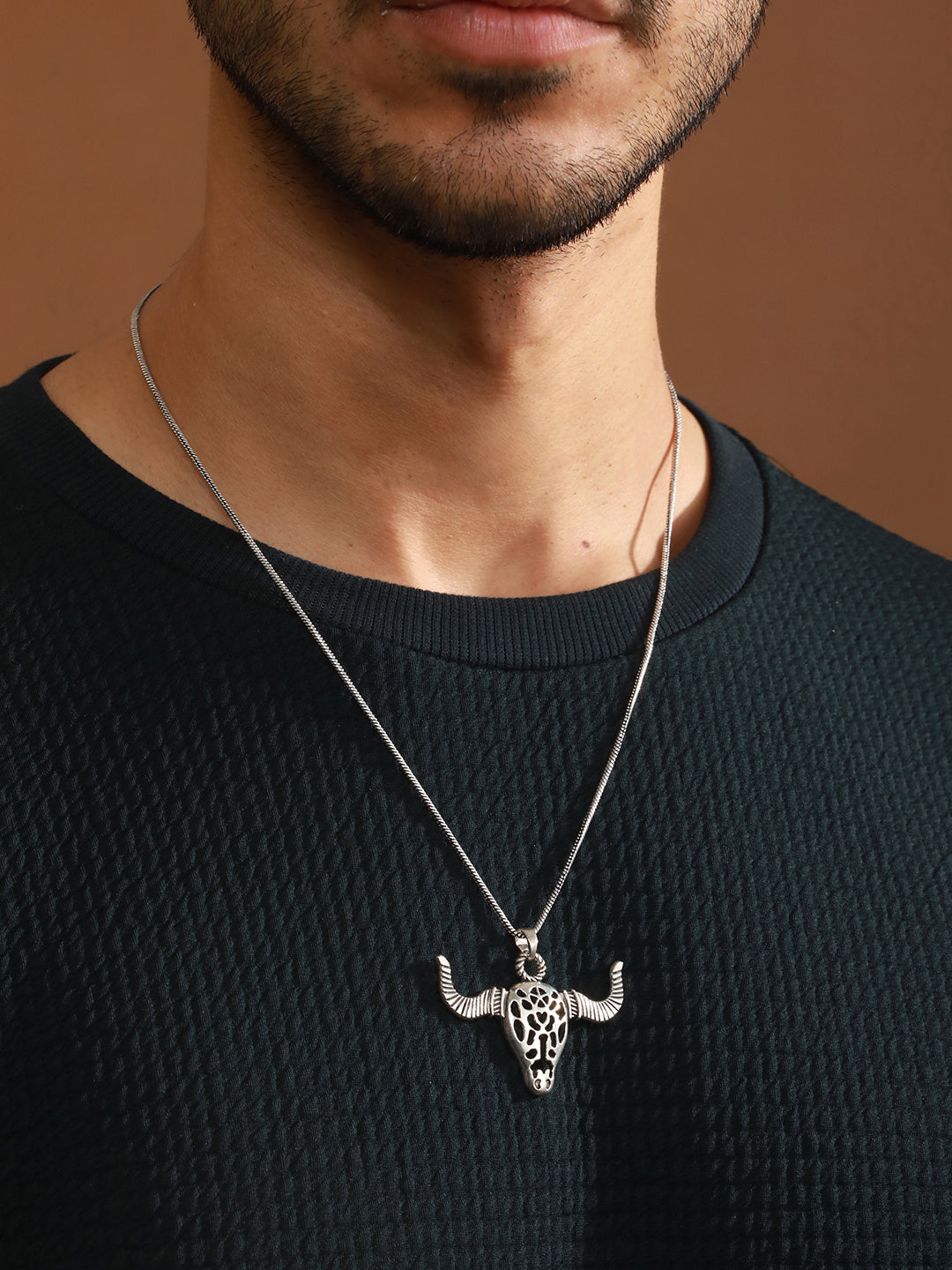 Bold by Priyaasi Bull's Head Silver-Plated Pendant Chain for Men