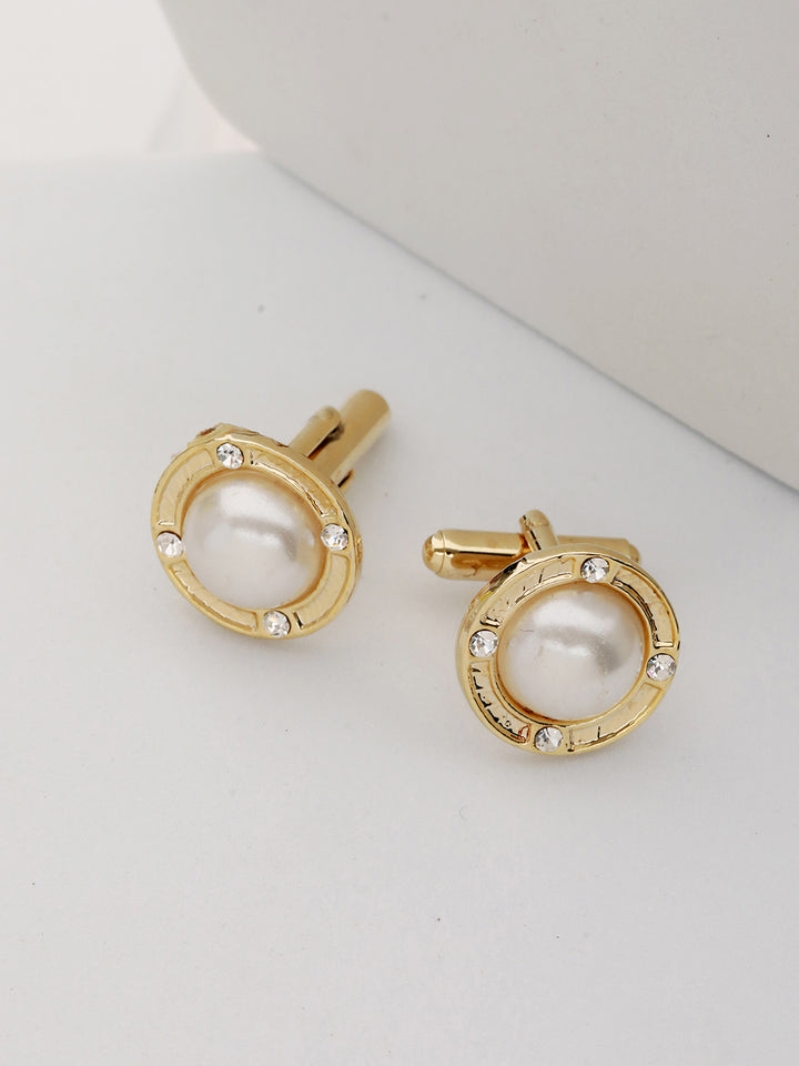 Bold by Priyaasi White Pearl Studded Gold-Plated Cufflinks for Men