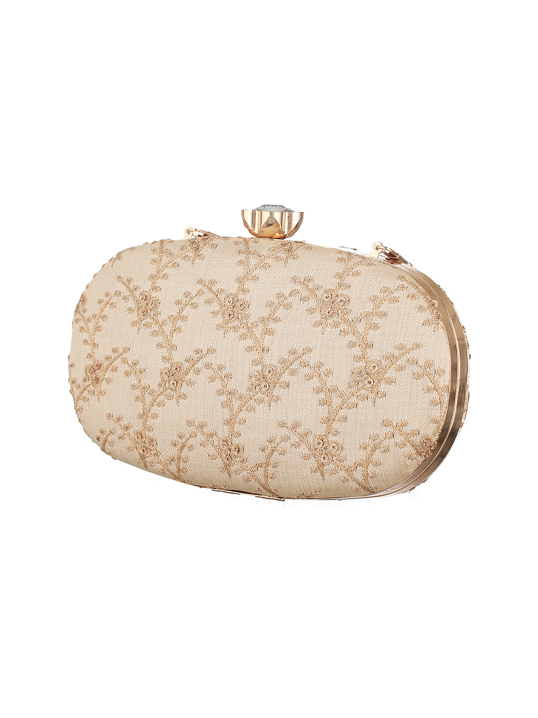Gold-Gorgeousness Embroidered Golden Oval Clutch