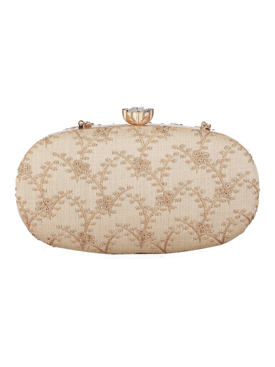 Gold-Gorgeousness Embroidered Golden Oval Clutch