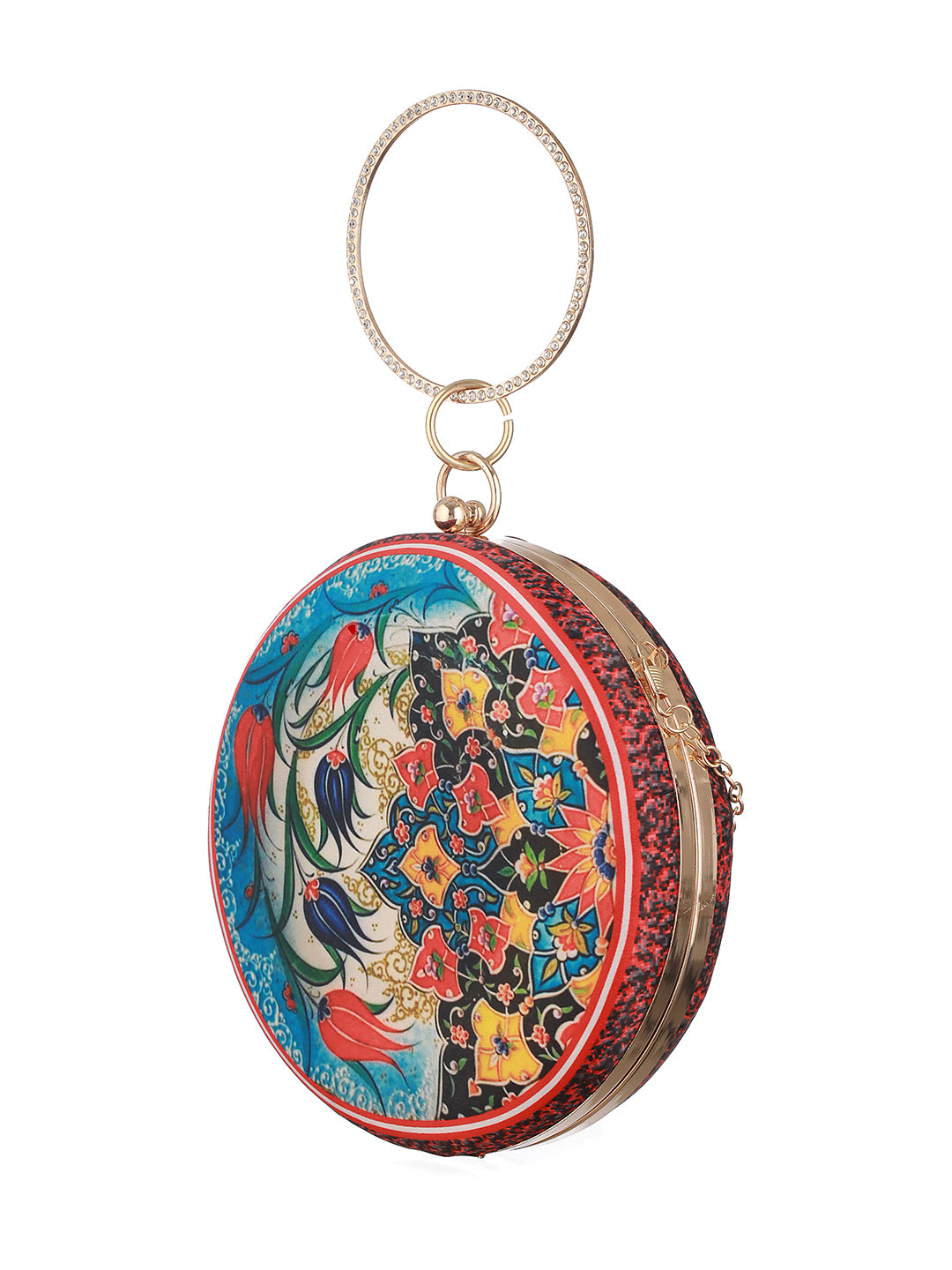 Rich Blooms Printed Multicolor Golden Round Clutch
