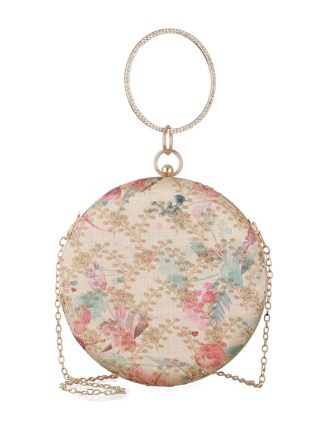 Spilled Hues Off-White Embroidered Round Clutch