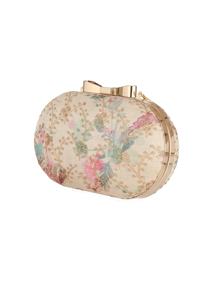 Spilled Hues Off-White Embroidered Oval Clutch