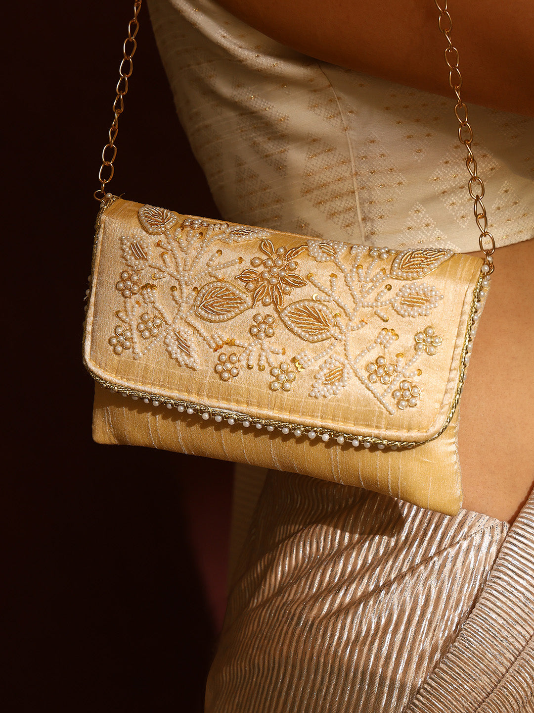 Priyaasi Embroidery Gold Floral Pearl Design Clutch Bag