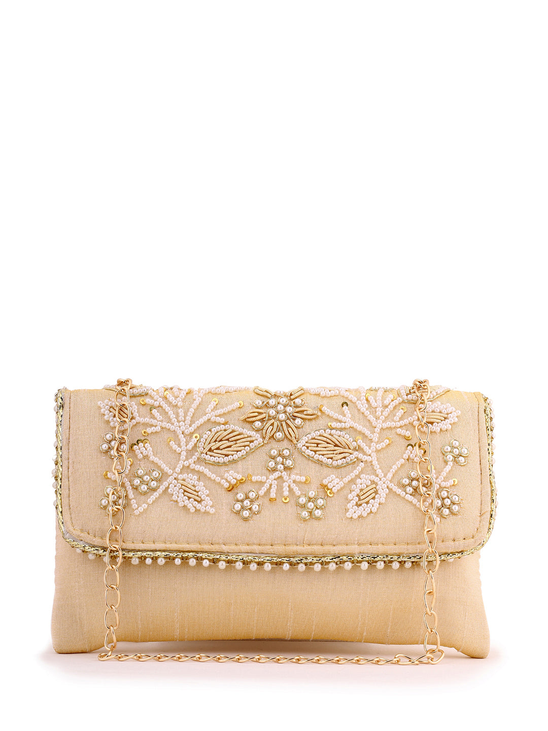 Priyaasi Embroidery Gold Floral Pearl Design Clutch Bag