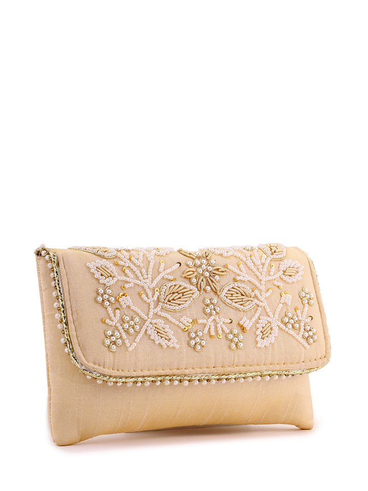 Priyaasi Embroidery Gold Floral Pearl Design Clutch Bag