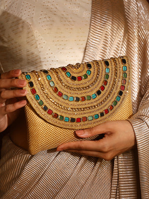 Priyaasi Designry Multicolor Stoned Design Gold Clutch Bag