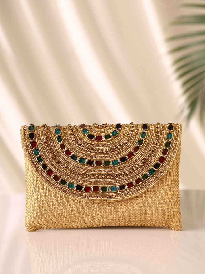 Priyaasi Designry Multicolor Stoned Design Gold Clutch Bag