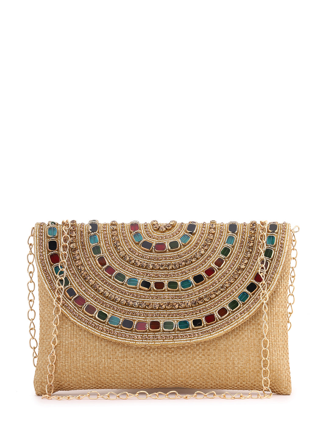 Priyaasi Designry Multicolor Stoned Design Gold Clutch Bag