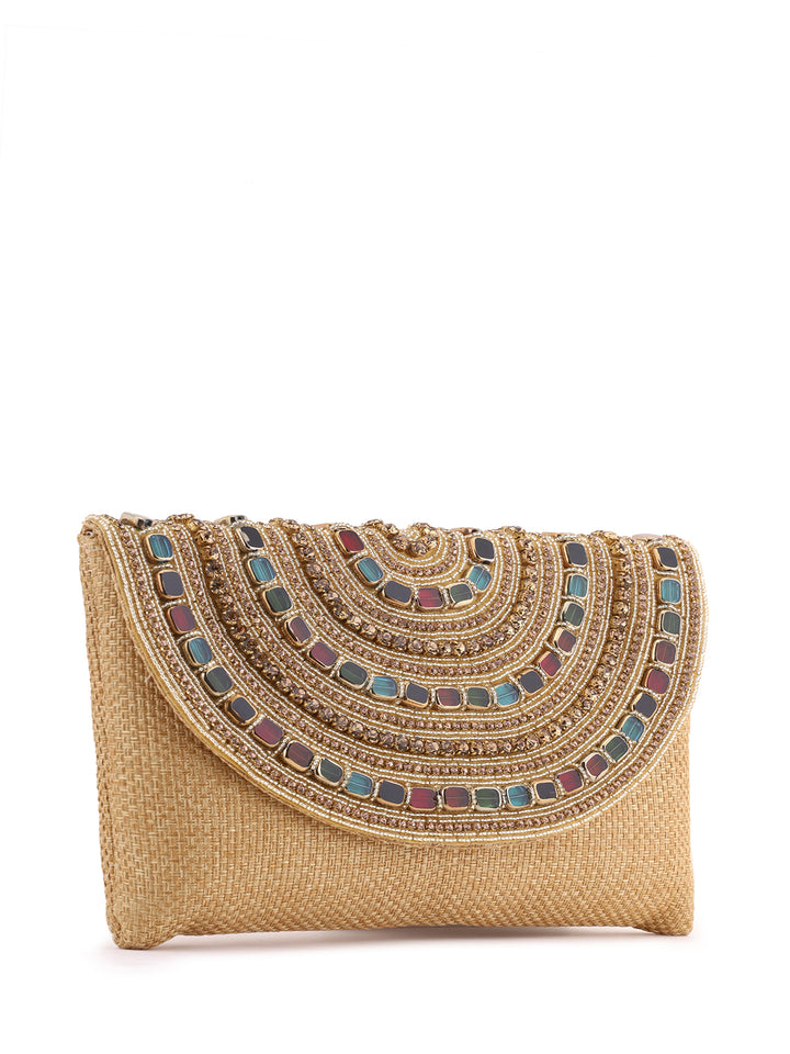 Priyaasi Designry Multicolor Stoned Design Gold Clutch Bag