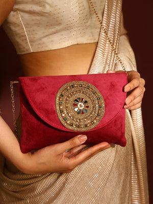 Priyaasi Stylish Burnt Burgundy Floral Multicolor Stoned Clutch Bag