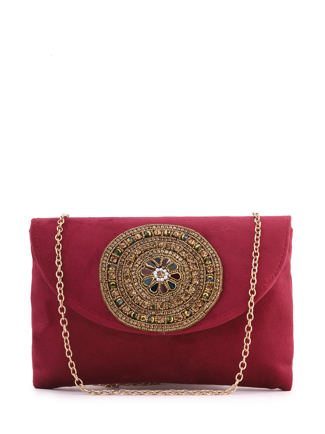 Priyaasi Stylish Burnt Burgundy Floral Multicolor Stoned Clutch Bag